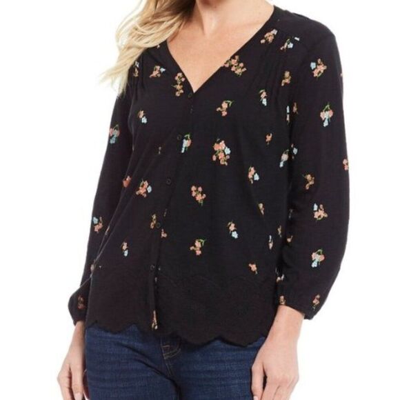 Lucky Brand Floral Peasant Top Womens Medium Embroidered V-Neck Button Front - Picture 1 of 8